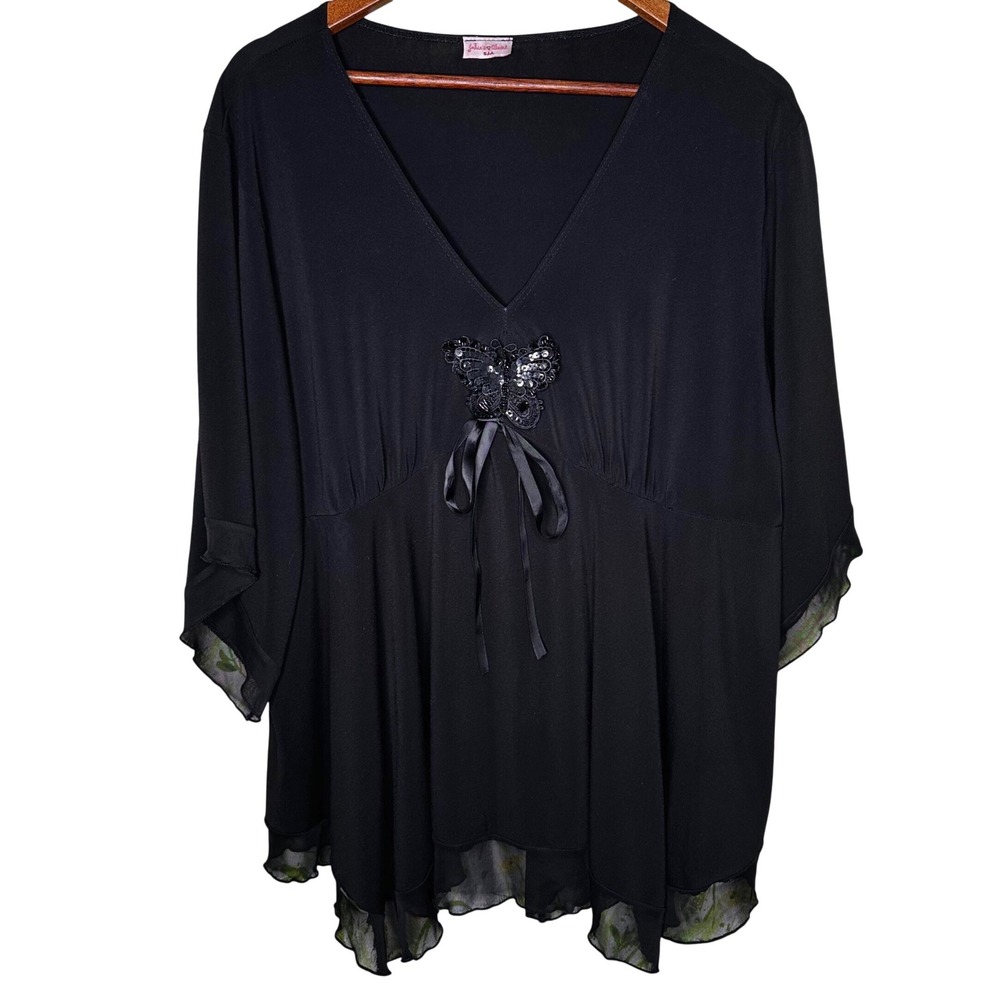 Y2k Black Butterfly Sequin Beaded Babydoll Tunic Flutter Sleeve Top XL 2X Plus